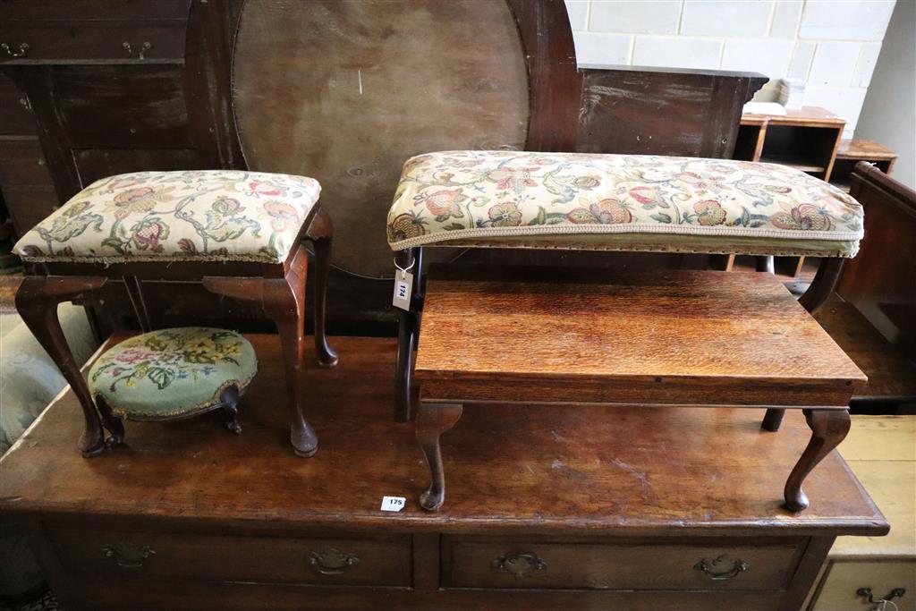 A Victorian X frame stool, width 82cm, together with another foot stool and two others